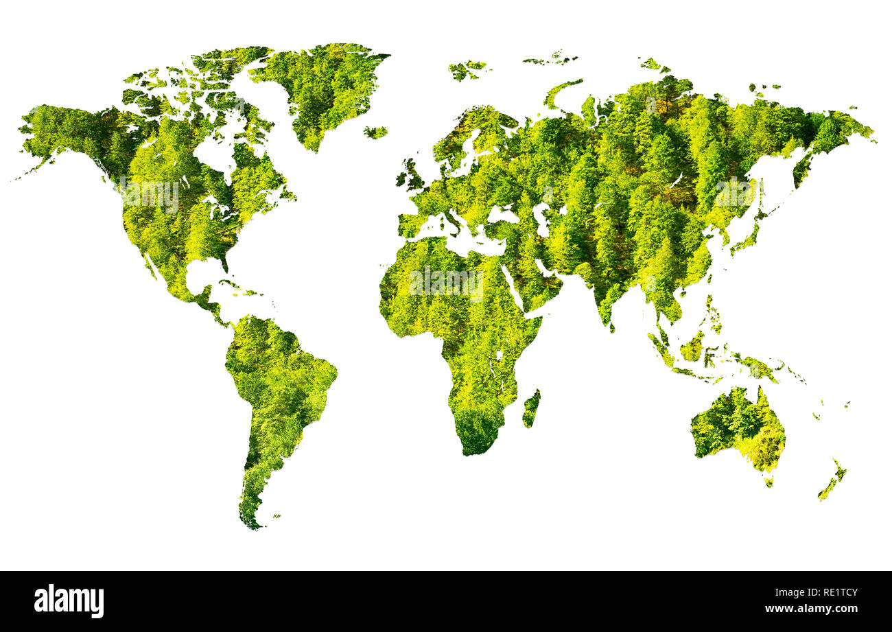 Carte du monde faite de forêt verte sur fond blanc Banque D'Images