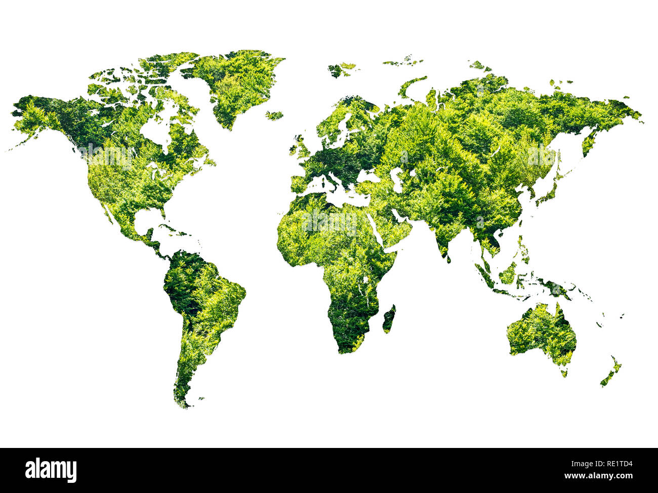 Carte du monde faite de forêt verte sur fond blanc Banque D'Images