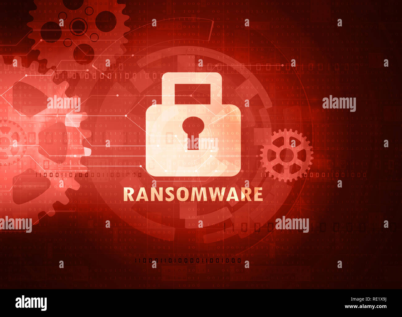 Symbole de cadenas avec word ransomware rouge sur fond de technologie Banque D'Images