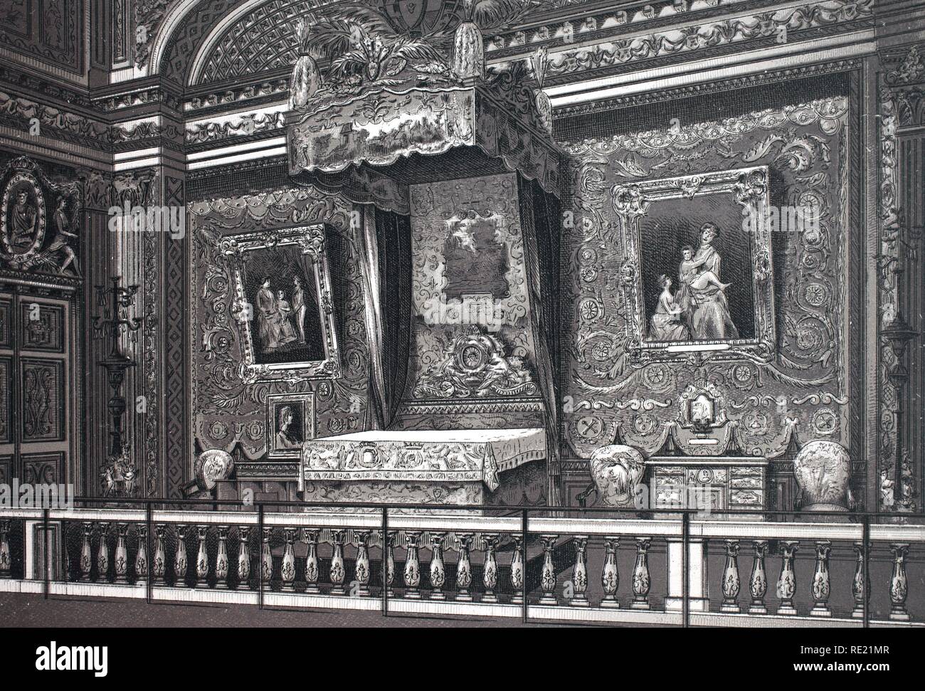 Il a allumé chambre de Louis 14, chambre royale de Louis XIV, cuivre-historique, à partir de la gravure de la plaque autour de 1890, Neal's, Paris Banque D'Images