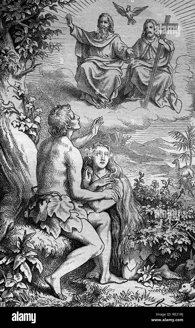 Adam et Eve au paradis, gravure sur acier de 1860 historique Banque D'Images