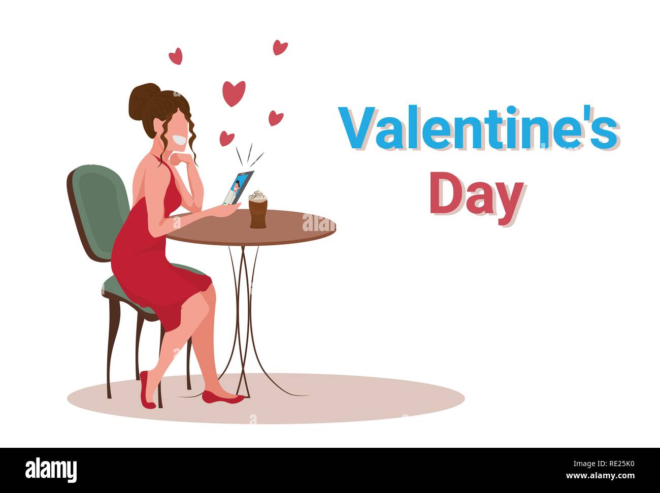 Elegant woman sitting at table in cafe concept happy valentines day girl using smartphone conversation vidéo avec l'homme amoureux couple chatting online horizontales isolées Illustration de Vecteur