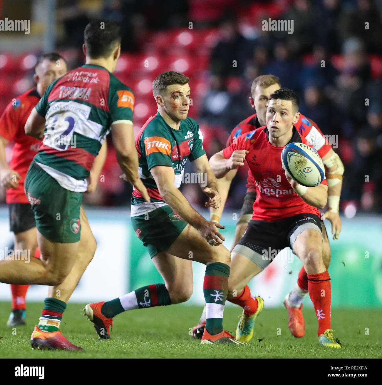 Leicester, Royaume-Uni. 19Th Jul 2019. George Ford joue sur pour le Tigre avec une blessure nécessitant 5 points de suture au cours de la Heineken Cup Champions Tour 6 match entre Leicester Tigers et Ulster rfc Rugy. © Phil Hutchinson/Alamy Live News Banque D'Images