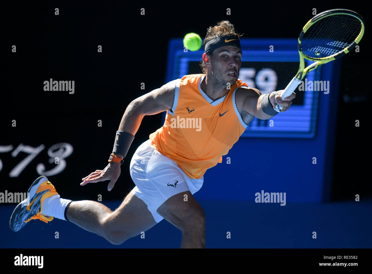 Melbourne, Australie. 20 Jan 2019. 20 janvier 2019 : 2ème Rafael Nadal de semences de l'Espagne en action dans la quatrième ronde match contre Tomas Berdych de la République tchèque sur la septième journée de l'Australian Open 2019 Tournoi de tennis du Grand Chelem à Melbourne, Australie. Bas Sydney/Cal Sport Media Credit : Cal Sport Media/Alamy Live News Banque D'Images