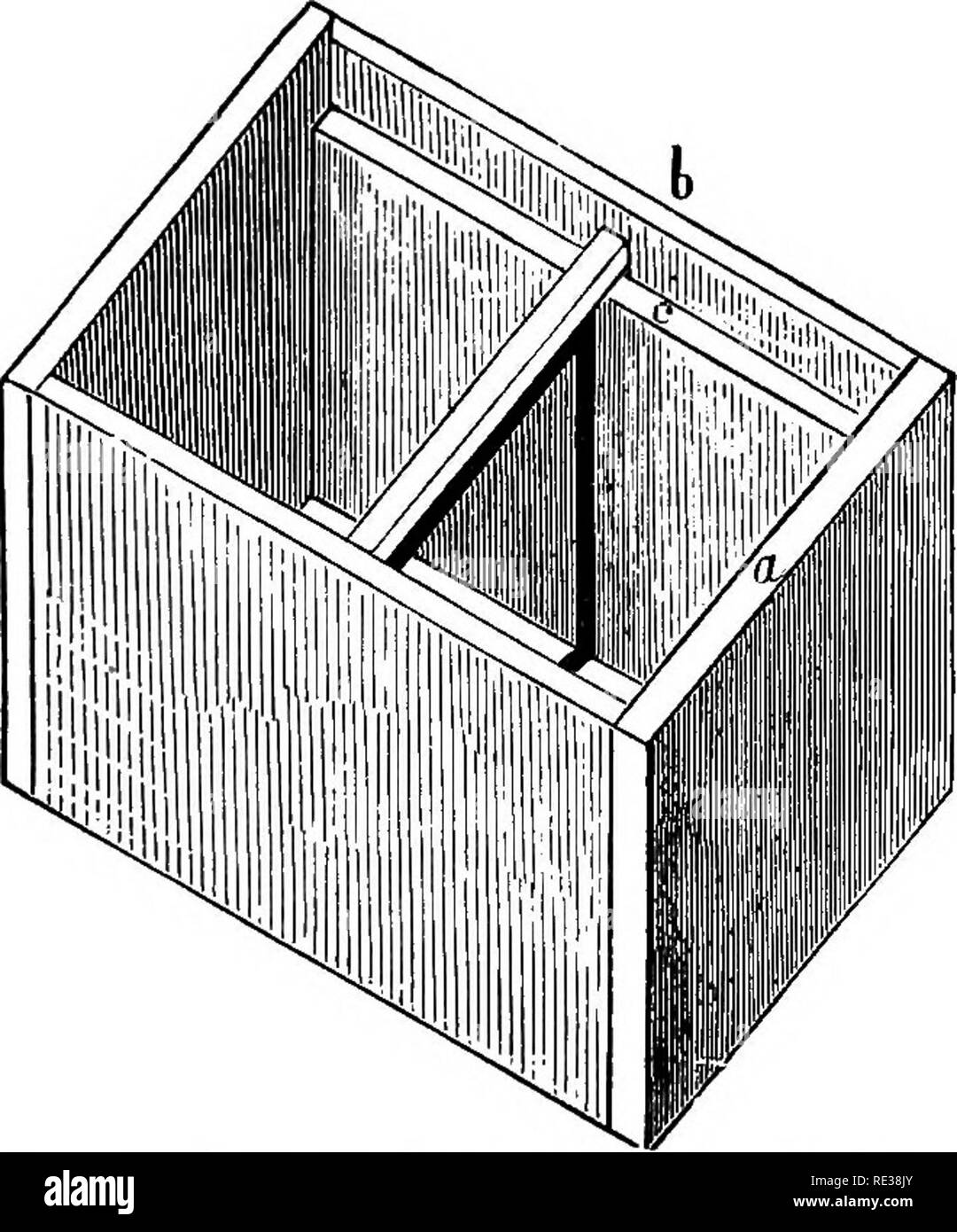 . Manuel du rucher. Les abeilles. Manuel du rucher. 125 d'être un deux étages, c'est une ruche, l'un au-dessus d'une ruche similaire ci-dessous (Fig. 29)-Je préfère qu'il devrait être de dix-huit pouces de long, 12 pouces de large et 12 pouces de profondeur, mesurer à l'intérieur. Si vous n'avez qu'une petite monture ou boîtes doivent être utilisés ci-dessus, j'aurais la ruche au moins deux pieds de long. Un trois-quarts de pouce doit être coupé à partir de la feuillure haut de l'autre ou se termine. Fig. 30. que le préfère, apiculteur sur l'intérieur (Fig. 30, c). La feuillure peut correspondre un peu plus de la moitié de l'épaisseur de la carte. Des bandes d'étain (Fig. 33), les trois quarts Banque D'Images