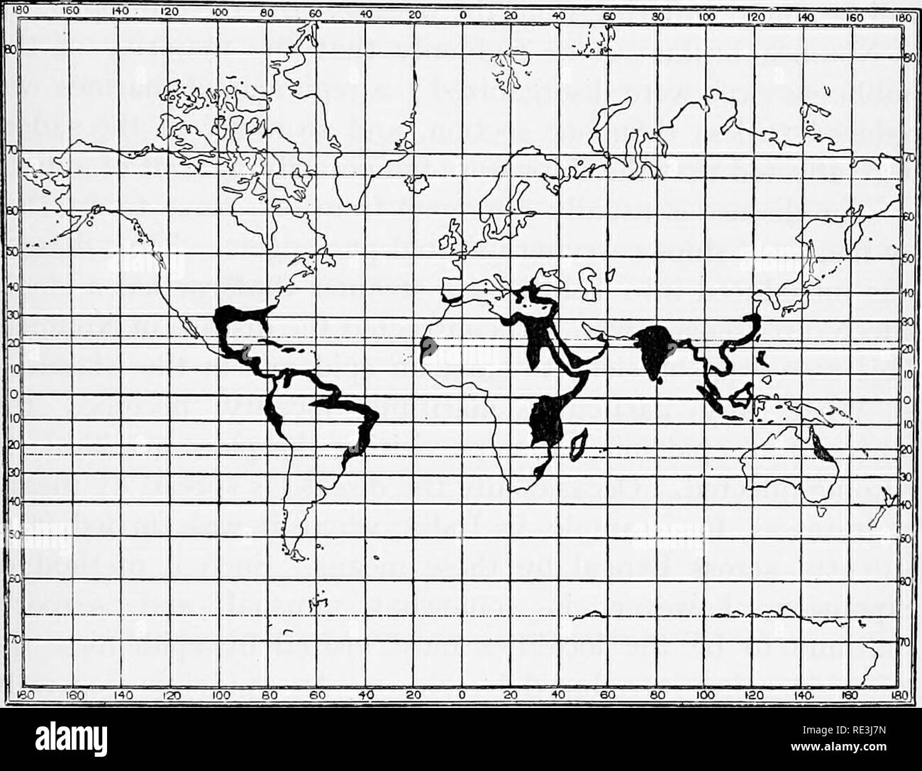. En ce qui concerne les mouches aux maladies : sucent les mouches. Mouches mouches ; en tant que porteurs de la maladie ; Diptera. XI] IQI DISTRIBUTION 32° 47' N et 23° 23' S., et pendant les mois d'été il peut s'étendre jusqu'à jusqu'à 42° N. La maladie est généralement plus répandu dans les basses terres bien approvisionnés avec de l'eau, probablement parce que ces sites offrent de meilleures opportunités pour l'élevage de Culex. Il y a des exceptions à cette règle, cependant, pour pendant l'épidémie en Syrie en 1888-9 la maladie étendue aux villages ayant une altitude de près de 4000 pieds.. Fig. 51. La distribution de la dengue. Les pays de l'étude whi Banque D'Images