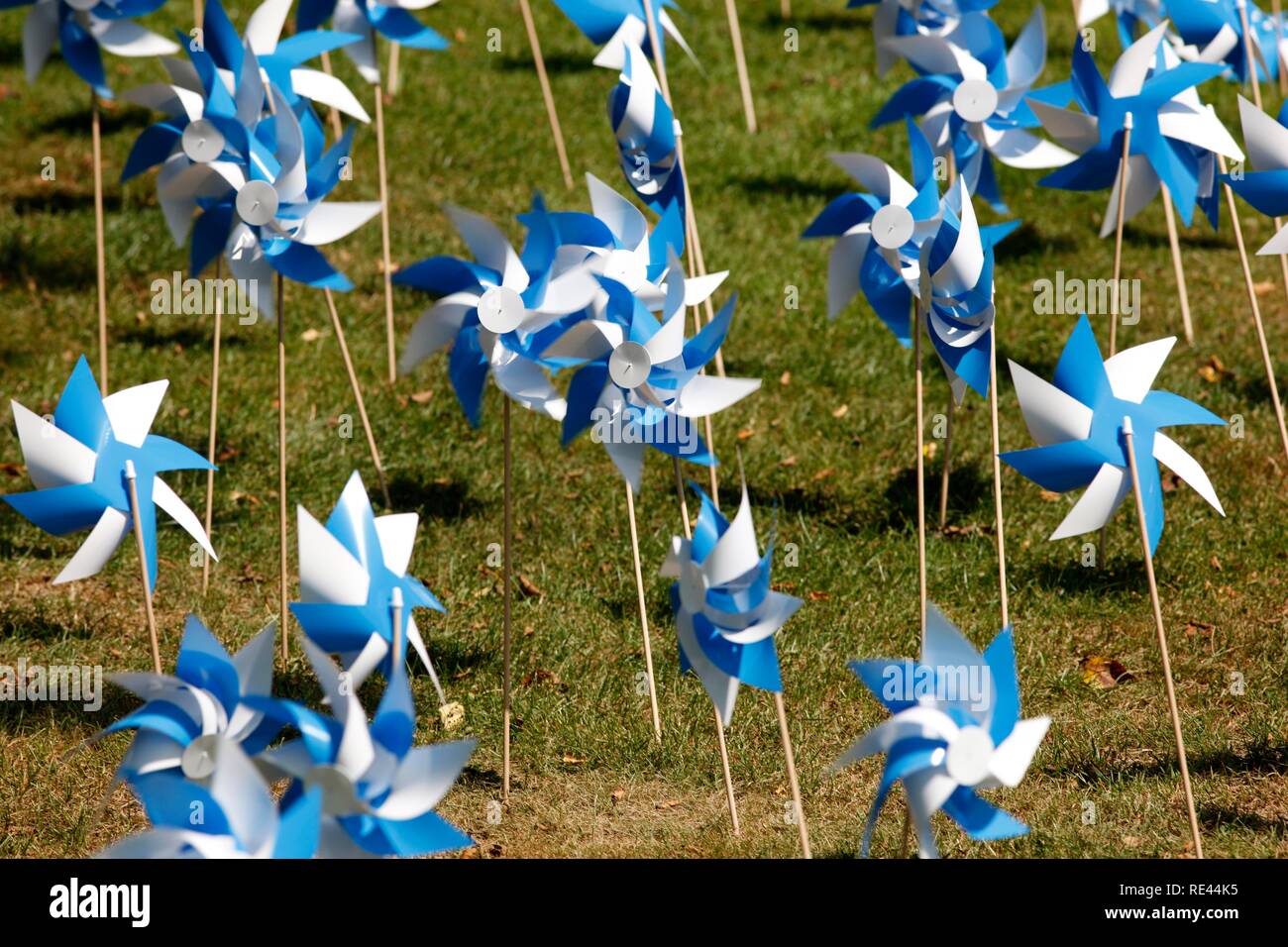 Vent en plastique bleu et blanc les roues comme décoration sur une pelouse Banque D'Images