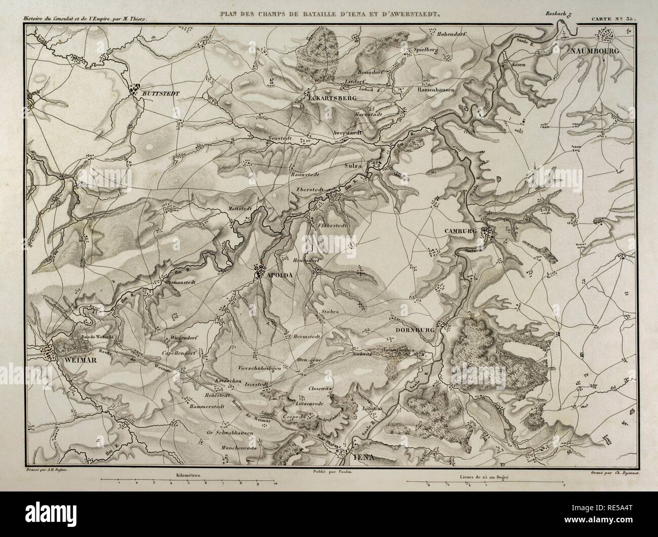 Carte de Napoléon. Champs de bataille de la bataille de Jena-Auerstedt (14 octobre 1806). Atlas de l'Histoire du Consulat et de l'Empire. Histoire du Consulat et l'Empire de la France sous Napoléon par Marie Joseph Louis Adolphe Thiers (1797-1877). Dessins par Dufour, gravures par Dyonnet. Édité à Paris, 1864. Banque D'Images