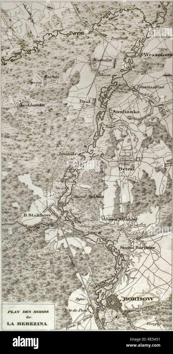 Carte de Napoléon. Rives de la rivière Bérézina (Bélarus). Bataille de la Bérézina. Il a eu lieu du 26 au 29 novembre 1812, entre l'armée française de Napoléon, se retirer après son invasion de la Russie et de traversée de la Bérézina (près de Borisov, Biélorussie) et les troupes russes. Atlas de l'Histoire du Consulat et de l'Empire. Histoire du Consulat et l'Empire de la France sous Napoléon par Marie Joseph Louis Adolphe Thiers (1797-1877). Dessins par Dufour, gravures par Dyonnet. Édité à Paris, 1864. Banque D'Images