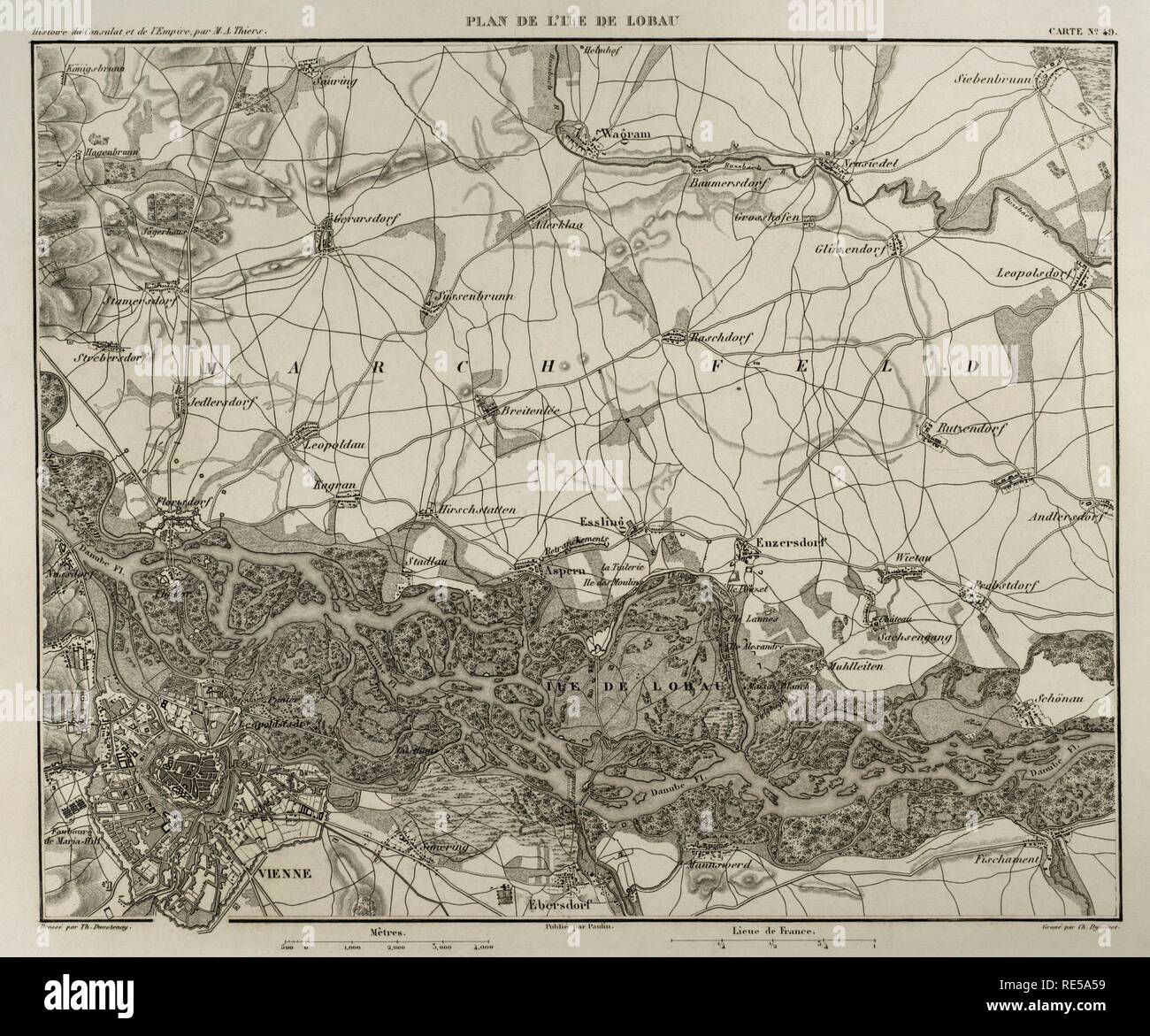 Carte de Napoléon. Île de Lobau (près de Vienne, Autriche). Batailles ont été battus sur cette zone pendant les guerres napoléoniennes entre l'Autriche et la France. Atlas de l'Histoire du Consulat et de l'Empire. Histoire du Consulat et l'Empire de la France sous Napoléon par Marie Joseph Louis Adolphe Thiers (1797-1877). Dessins par Dufour, gravures par Dyonnet. Édité à Paris, 1864. Banque D'Images