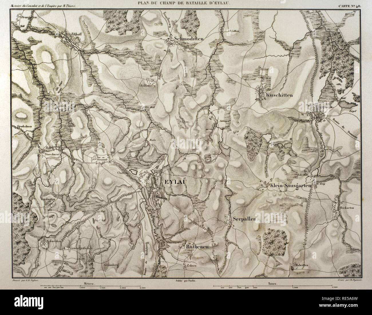 Plan de bataille d'Eylau Prusse ancienne aujourd'hui, la Russie). 7 et 8 février 1807. Belligérants : Empire français et l'Empire russe. C'était une partie de la guerre de la quatrième Coalition, dans le contexte de guerres napoléoniennes. Atlas de l'Histoire du Consulat et de l'Empire. Histoire du Consulat et l'Empire de la France sous Napoléon par Marie Joseph Louis Adolphe Thiers (1797-1877). Dessins par Dufour, gravures par Dyonnet. Édité à Paris, 1864. Banque D'Images