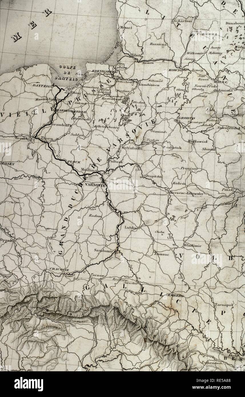 Carte de Napoléon. La Russie européenne, détail. Domaine de la mer Baltique et le territoire de Duché de Varsovie. Atlas de l'Histoire du Consulat et de l'Empire. Histoire du Consulat et l'Empire de la France sous Napoléon par Marie Joseph Louis Adolphe Thiers (1797-1877). Dessins par Dufour, gravures par Dyonnet. Édité à Paris, 1864. Banque D'Images