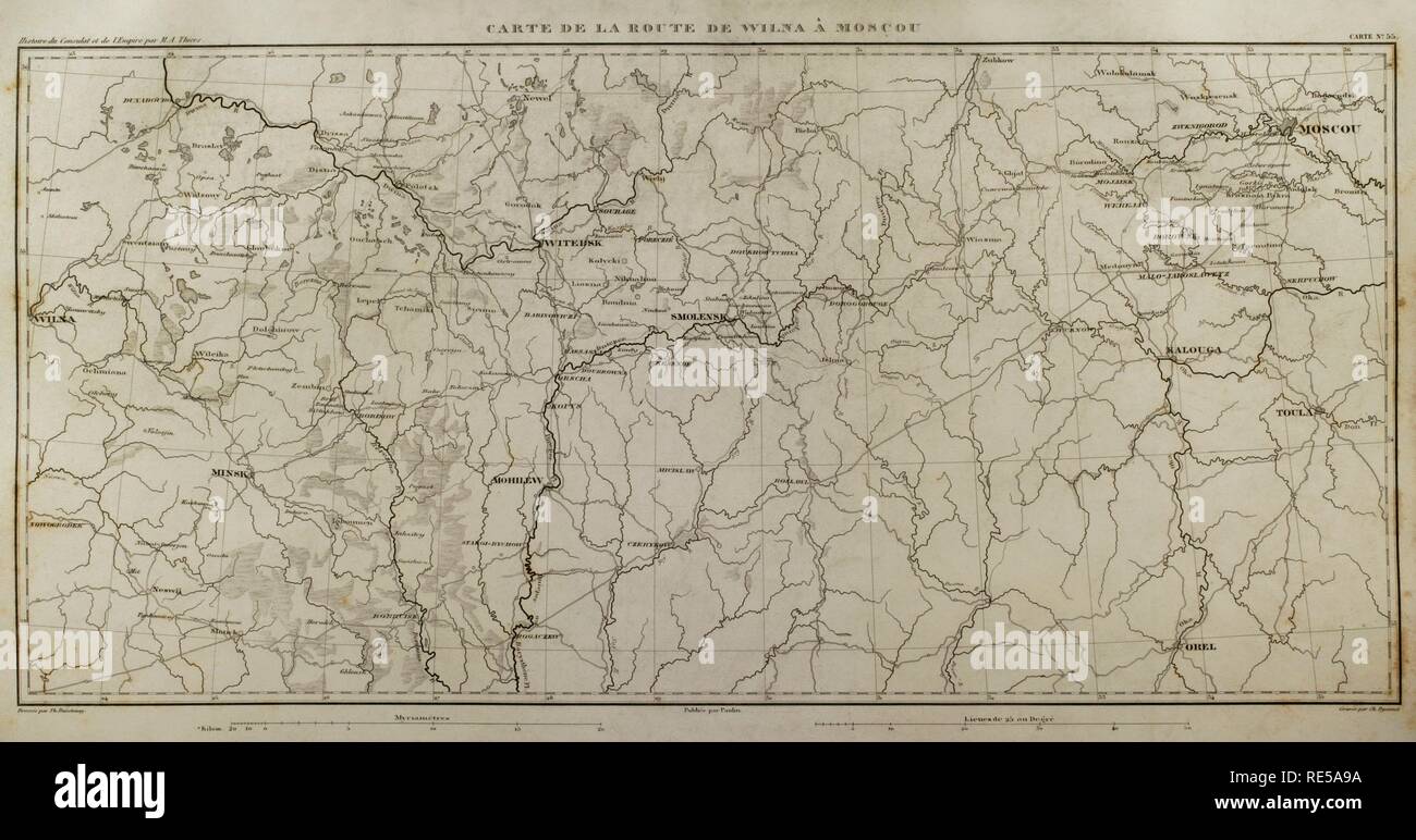 Carte de Napoléon. Route de Vilnius à Moscou. Atlas de l'Histoire du Consulat et de l'Empire. Histoire du Consulat et l'Empire de la France sous Napoléon par Marie Joseph Louis Adolphe Thiers (1797-1877). Dessins par Dufour, gravures par Dyonnet. Édité à Paris, 1864. Banque D'Images
