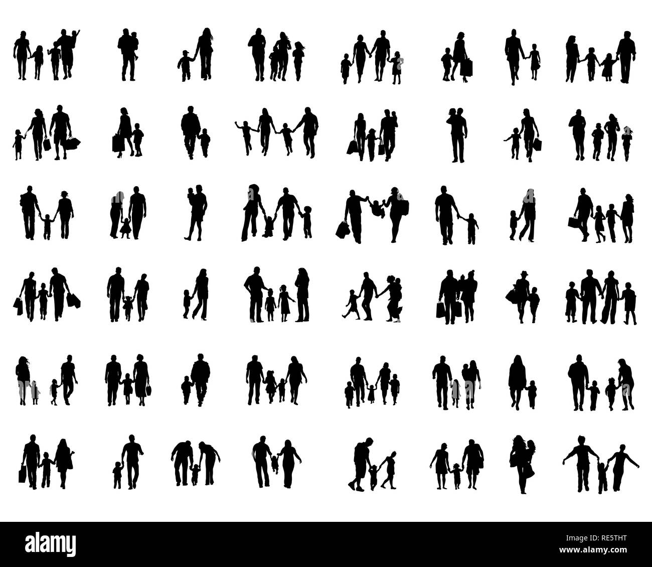 Silhouettes noires des familles en promenade sur un fond blanc Banque D'Images