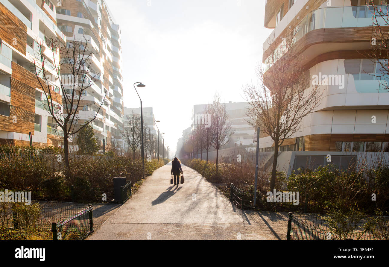 Femme transportant accueil le shopping dans un concept de vie moderne marcher entre les rangées de blocs d'appartement élégant sur un matin brumeux Banque D'Images