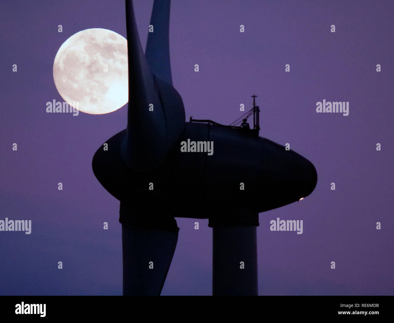 Peak District, UK. 20 Jan, 2019. Loup de sang complet Super Pleine Lune croissante au sujet des éoliennes à griffe Grange près de Wirksworth, Derbyshire Dales, Peak District, UK De : Doug Blane/Alamy Live News Banque D'Images