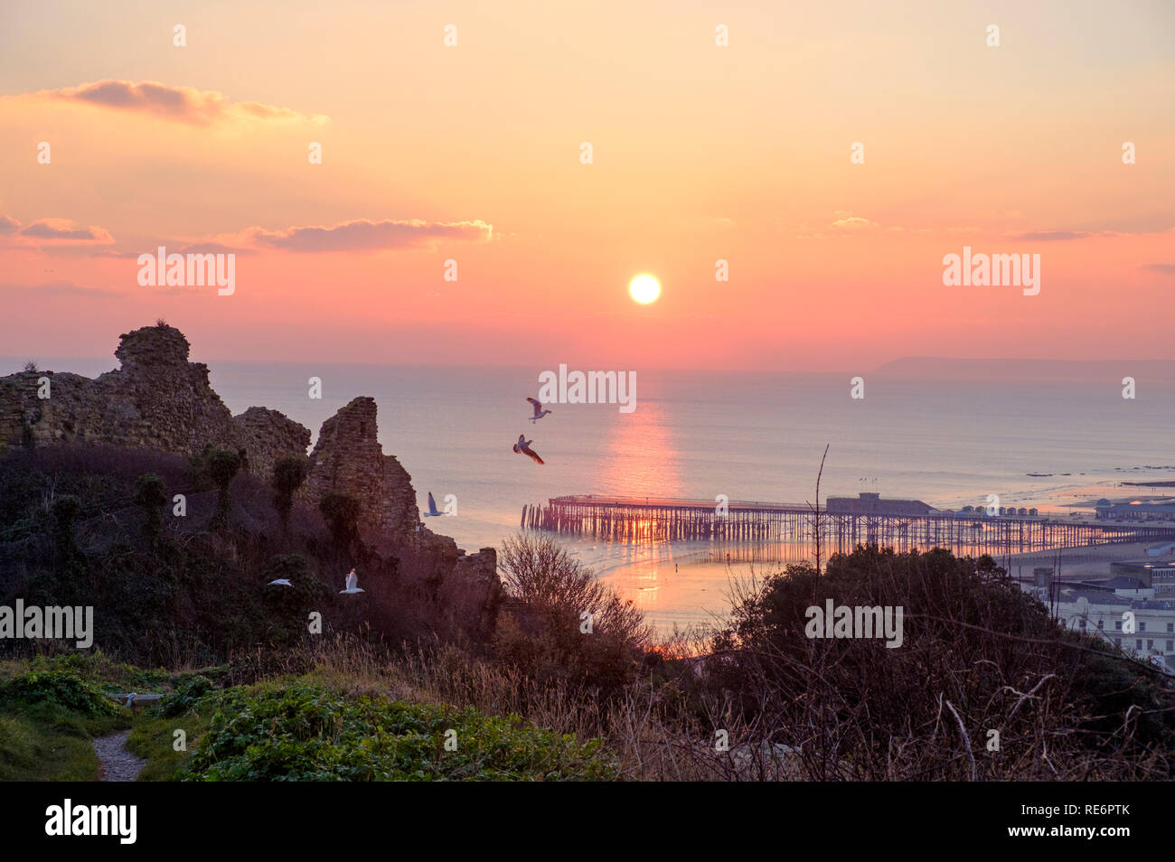 Hastings, East Sussex, UK. 20 janvier 2019. Les mouettes volent du château au coucher du soleil vers la jetée à la fin d'un jour ensoleillé clair calme. Banque D'Images