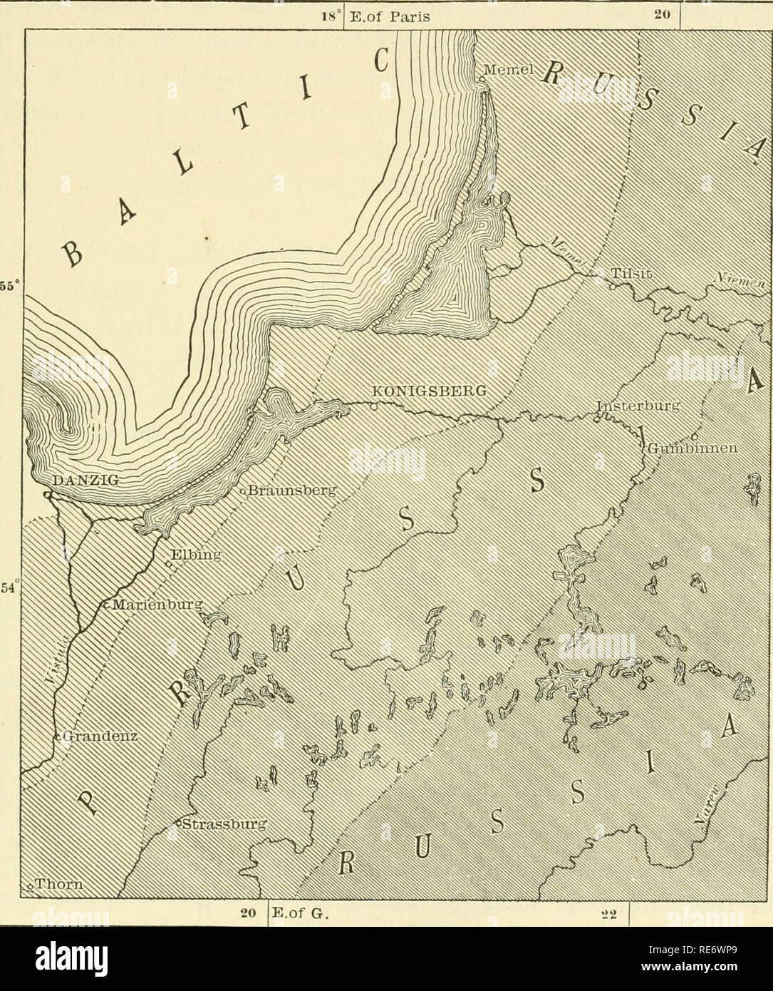 . La terre et ses habitants ... La géographie. Plaines DE L'ELBE, ODEE ET VISTULE. 301 et dans les basses-terres du projet des Sudètes. La vallée de la partie supérieure de la Neisse est délimitée par des sommets, et sur la rive droite de l'Oder, au-dessus les collines Oppeln, atteindre une hauteur de plus de 1 000 pieds. Les montagnes qui forment la frontière en direction de la Bohême se dressent au-dessus de la plaine. Ils restent couverts de neige beaucoup plus longtemps que les basses terres, et en raison de leurs vents froids, le brouillard, et Fig. 171.-l'Tempeiiature de janvier en Prusse Orientale. Selon' pour Putzger. L'échelle 1 : 2 095 000.. 2 Miles treacherous bo Banque D'Images
