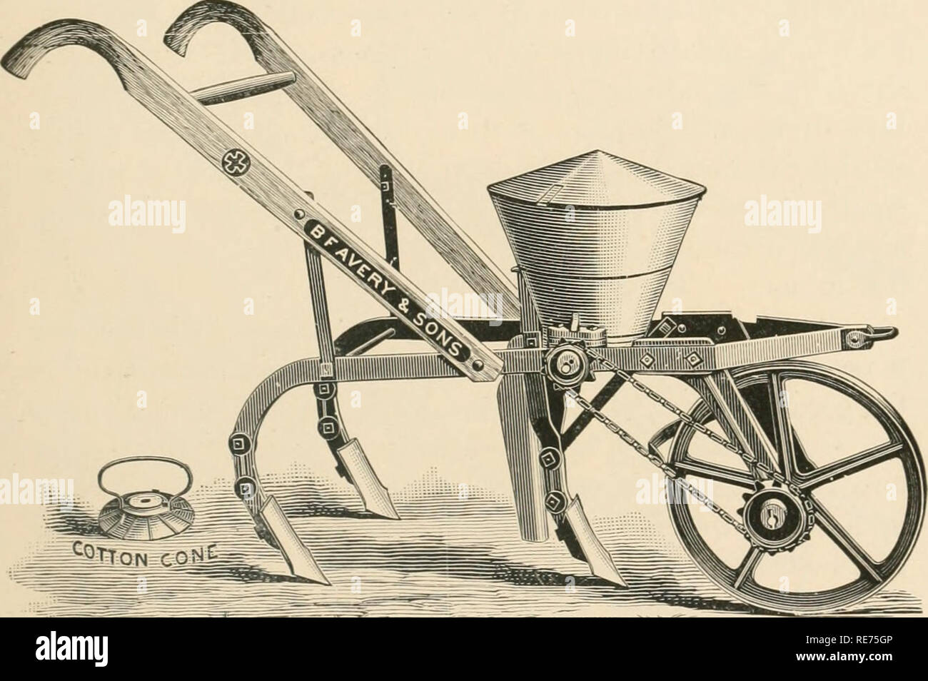 . Coton : ses utilisations, les variétés, la culture, la structure des fibres, et de la préparation pour le marché et d'en faire un article de commerce, aussi la fabrication d'huile de coton, tourteau de coton et d'engrais, avec une référence particulière à la culture du coton, de l'égrenage, l'huile et l'appuyant dans le États-Unis. Coton ; la culture du coton. CHAP. Mauvais COTON ] J'l.AXTIXO. 149 déjà été mentionné. Attaché à la roue est une manivelle reliée par une tige en bois à un levier fixé à la boîte de la graine. Le mouvement alternatif donné à ce levier s'ouvre et se ferme alternativement l'orifice de semences dans la boîte, la diapositive en gardant une cons Banque D'Images