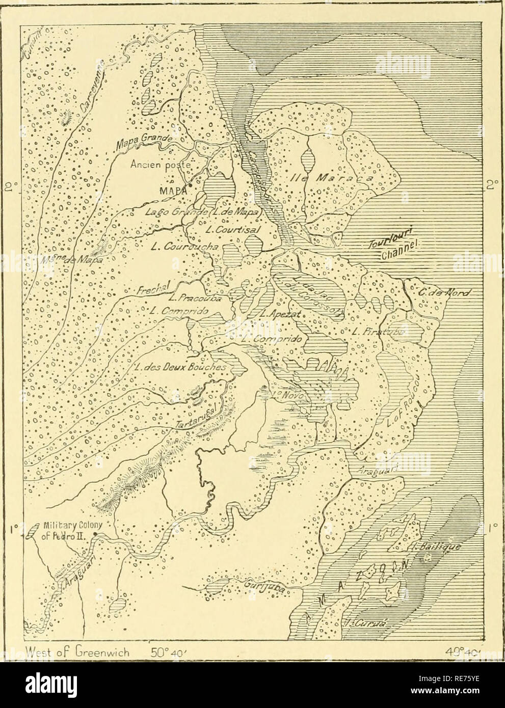 . La terre et ses habitants ... La géographie. 20 L'AMAZONIE ET LA PLATA. Les rivières d'Frencû Le Maroni en Guyane à la suite de la direction de l'Est ont leur source non pas sur l'eau amazonienne-partition, mais dans quelques collines isolées se trouvant à mi-chemin entre cette plage et la mer. De ces flux les plus grands sont le Mana, l'Sinuamari Appvouague, la, chacun de qui est d'environ 200 milles de long, fig. 7.-RrvERS Franco-Bbaziliax de la zone litigieuse. L'échelle 1 : 1 600 000.. 0 à 16 pieds. Profondeurs. 16 à 32 pieds. 32 pieds et vers le haut. 30 Miles , peopkd. traversant les districts, et circulant dans tout droit Banque D'Images
