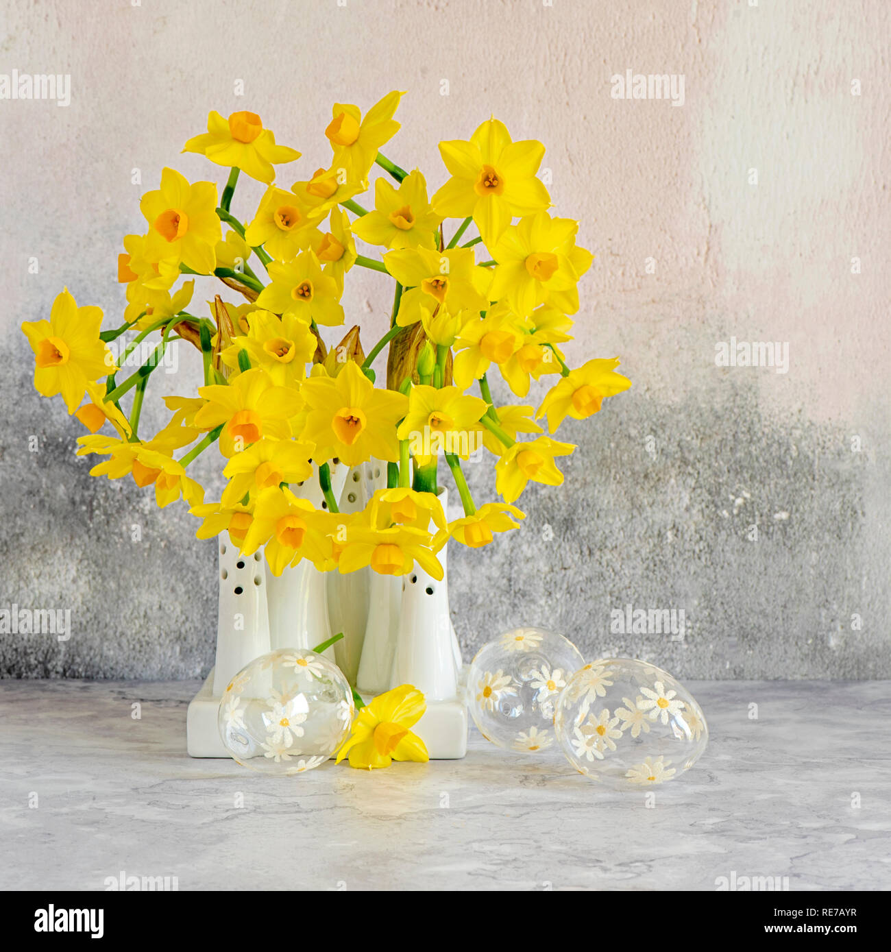 Beau printemps, jaune Narcissus 'Tête-à-tête' - jonquilles disposés de vases en porcelaine blanche Banque D'Images
