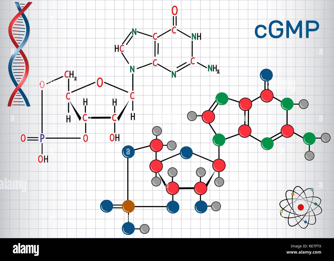 La guanosine monophosphate cyclique (GMPC). Feuille de papier dans une cage. Formule chimique structurale et molécule modèle. Vector illustration Illustration de Vecteur