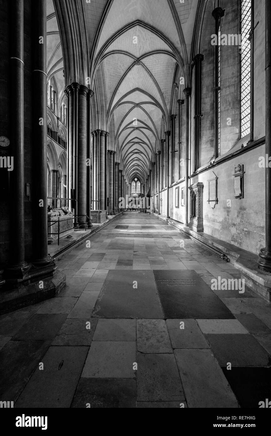 Image en noir et blanc d'une partie de la cathédrale de Salisbury Banque D'Images