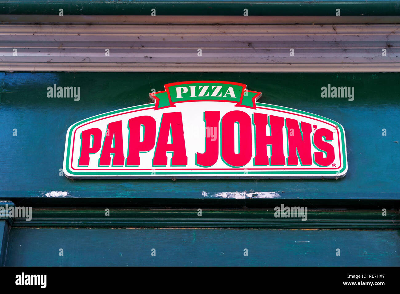 Papa Johns Pizza signe à emporter et le logo Banque D'Images