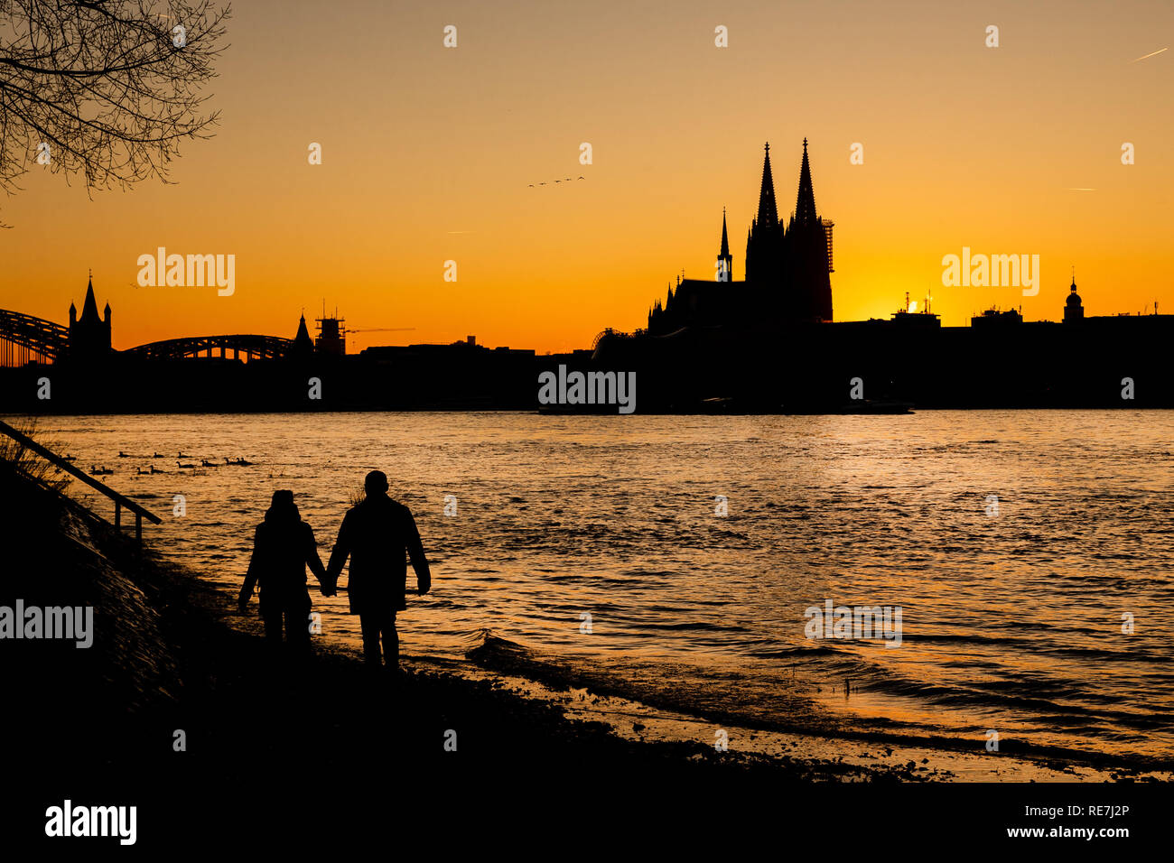 Ein Paar spaziert bei Sonnenuntergang am Ufer des Rheins. Im Hintergrund zeichnet sich der Kölner Dom ab. Banque D'Images