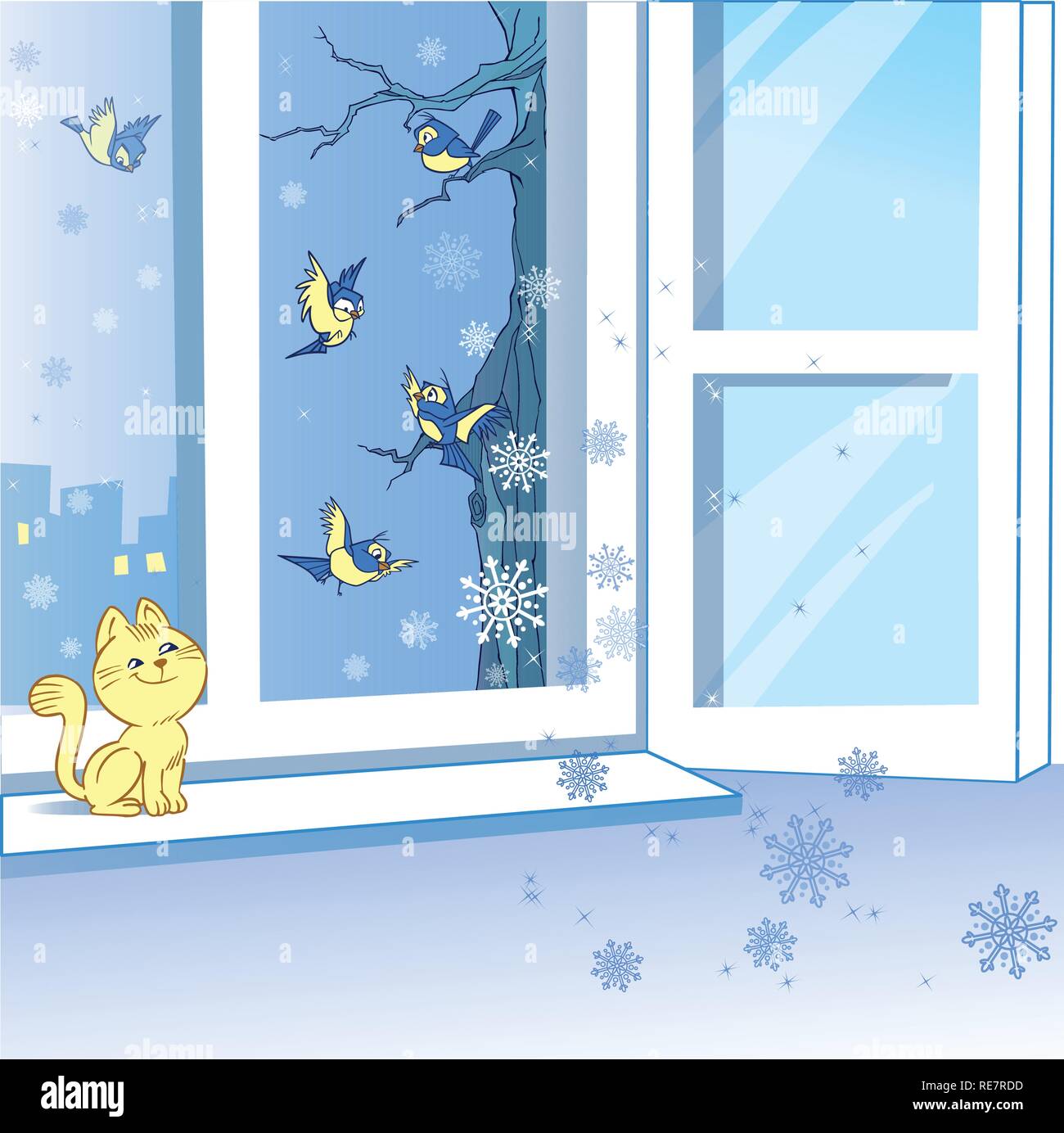 Affiche une fenêtre ouverte en hiver. Flocons voler dans la fenêtre et les oiseaux veulent se lancer dans une pièce chaude à partir d'une rue froide. Un chat est assis sur le windowsi Illustration de Vecteur