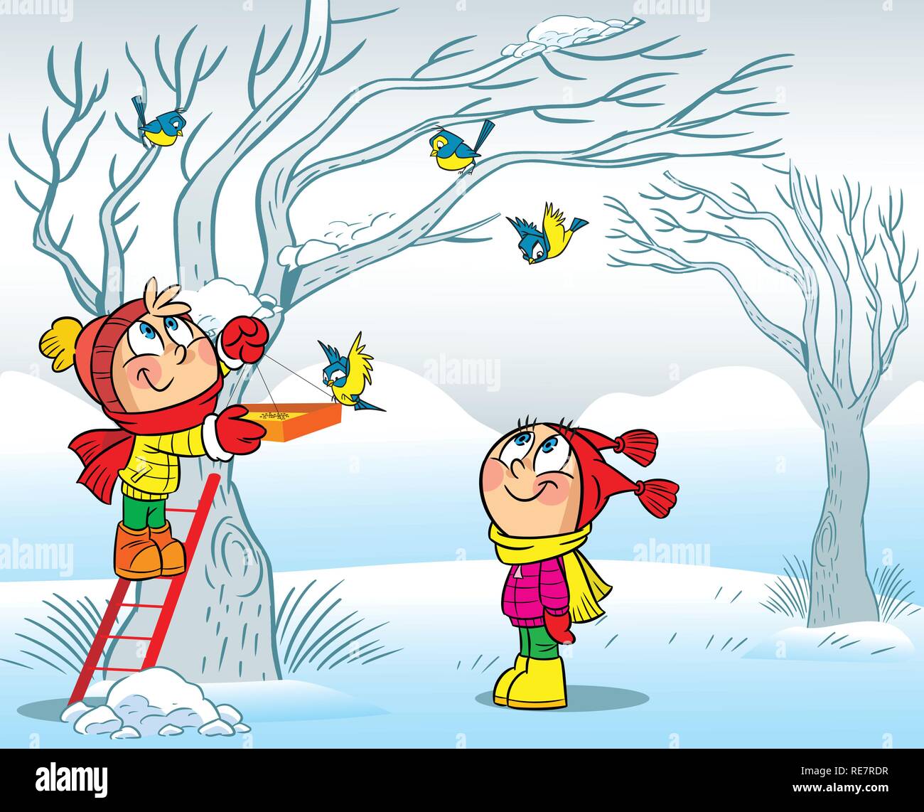 L'illustration montre comment un garçon et une fille nourrir les oiseaux en hiver. En fait l'illustration cartoon style, sur des calques distincts. Illustration de Vecteur