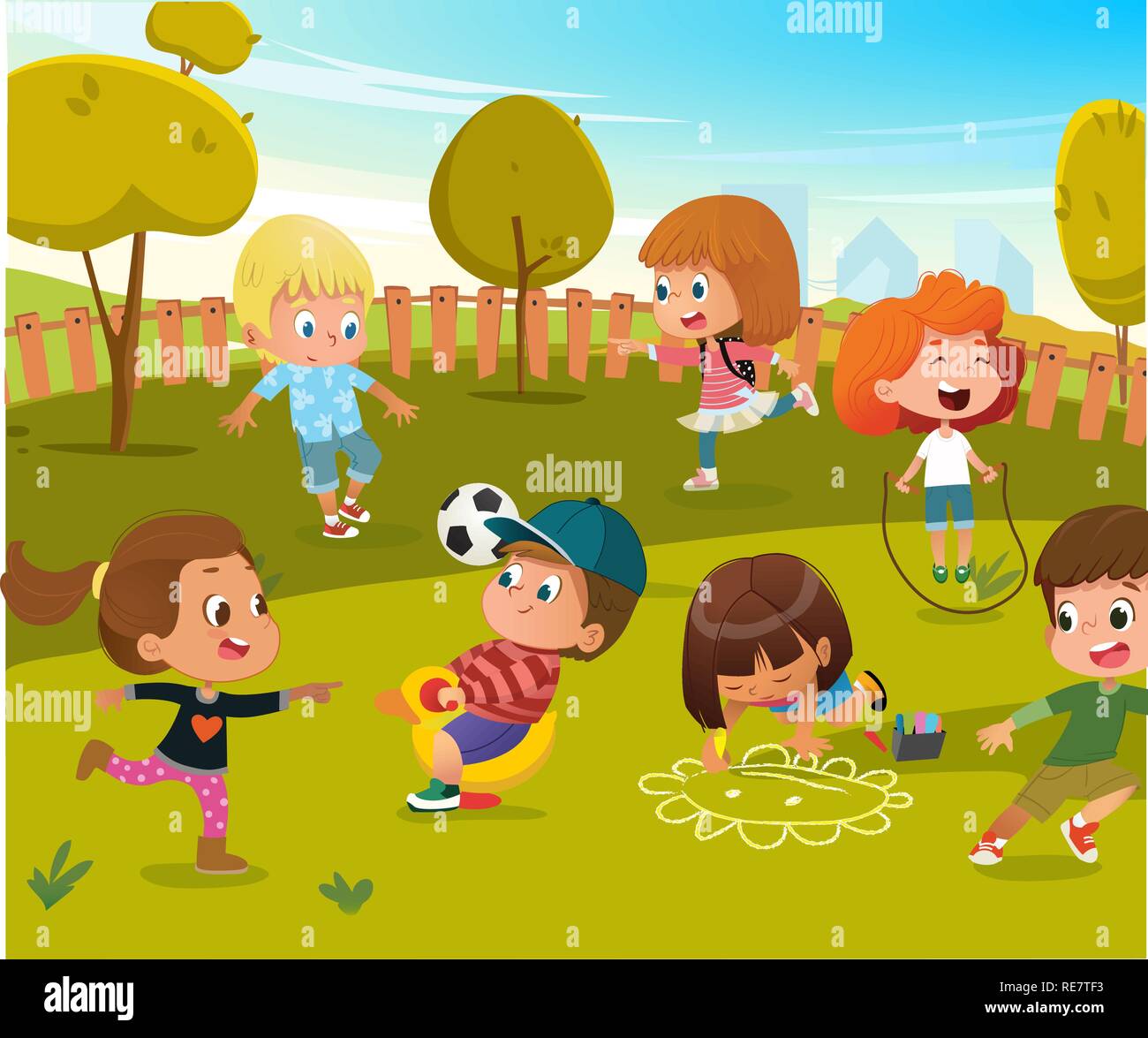 Jouer Jeux De Bebe Maternelle Illustration Les Enfants Jouent Au Football Et Swing En Ete En Plein Air Parc De L Arbre Vert Happy Boy And Girl Vector Personnage Jouet Equipement Image Vectorielle