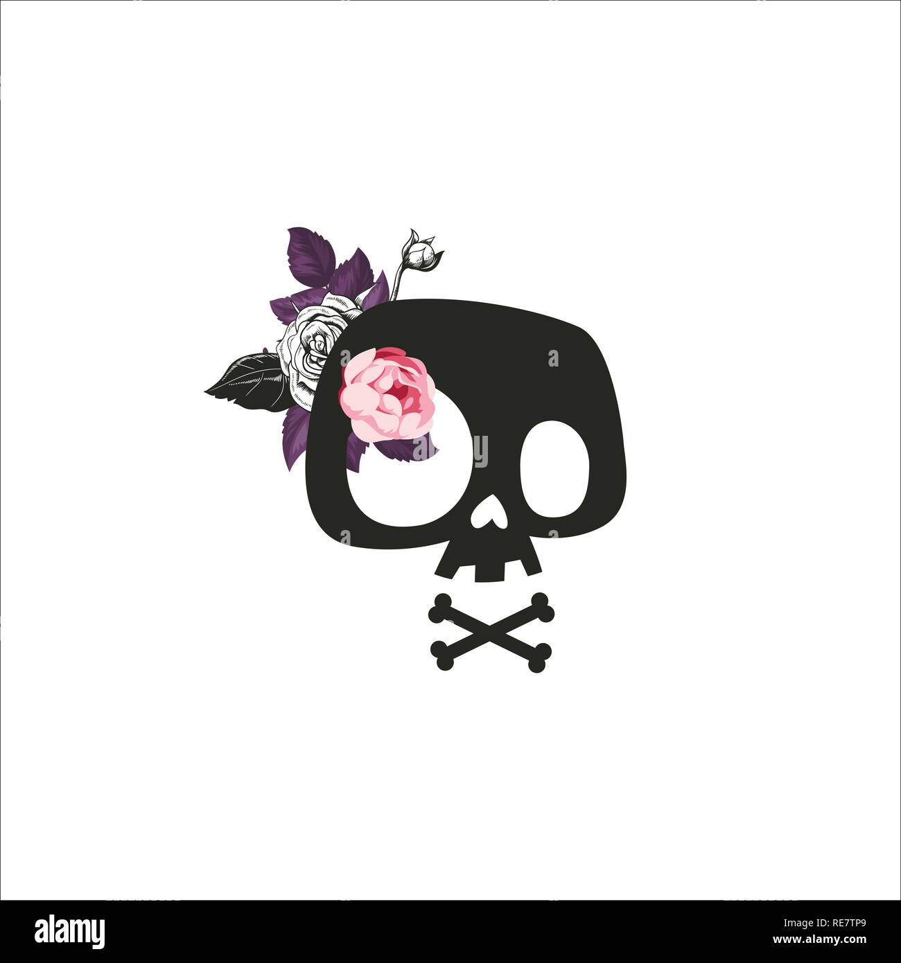 Cute Cartoon crâne orné de fleurs roses. Crâne stylisé, t-shirt print crâne, signe, adolescent imprimer art design. Vector illustration. Isolées. Illustration de Vecteur