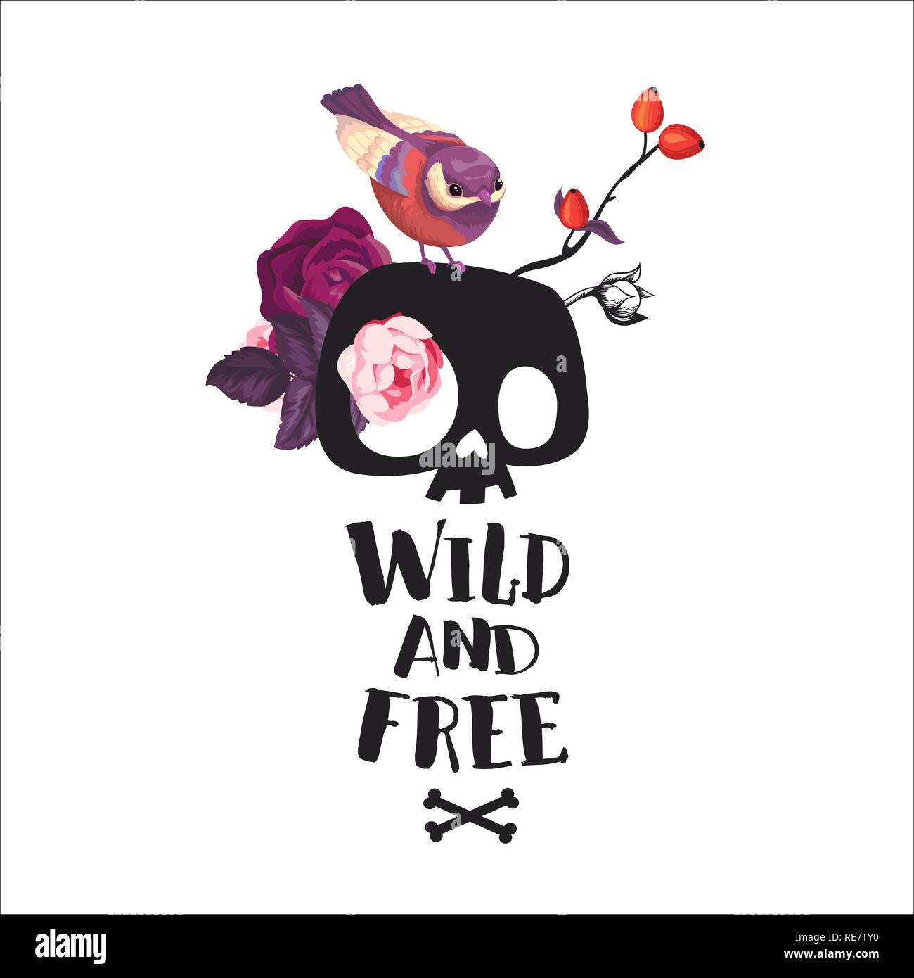 Sauvage et libre. L'illustration de mode avec l'cute cartoon skull Bird et sur l'arrière-plan. Pourrait être utilisé comme T-shirt print, invitations, cartes. Illustration de Vecteur