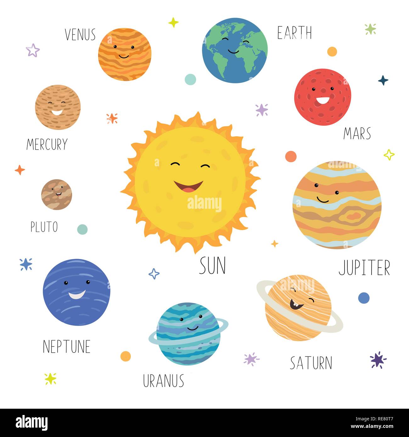 Planètes mignon drôle avec les visages de sourire. Système solaire avec cute cartoon planètes. Univers drôles pour les enfants , soleil, Pluton, mars, mercure, la terre, Vénus, Jupiter, Saturne, Uranus, Neptune. Illustration de Vecteur