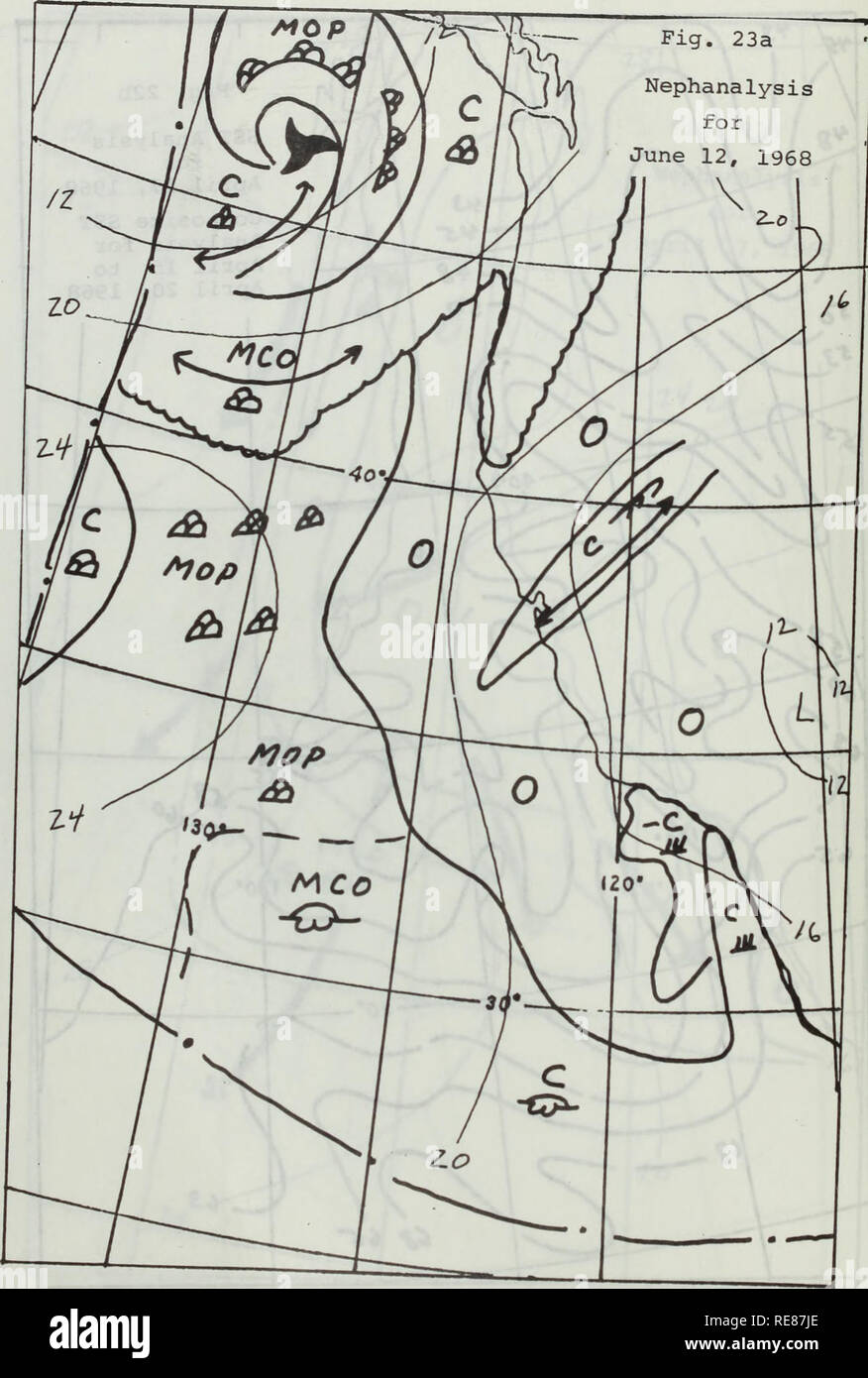 . Corrélation entre la température de surface de la mer avec les nuages sur la côte ouest de l'Amérique du Nord pendant la saison d'upwelling.. L'océanographie. Fig. 23a ly pour Nephanalysis 12 juin 1968 . 78. Veuillez noter que ces images sont extraites de la page numérisée des images qui peuvent avoir été retouchées numériquement pour plus de lisibilité - coloration et l'aspect de ces illustrations ne peut pas parfaitement ressembler à l'œuvre originale.. Gerst, Anthony Leo. Banque D'Images