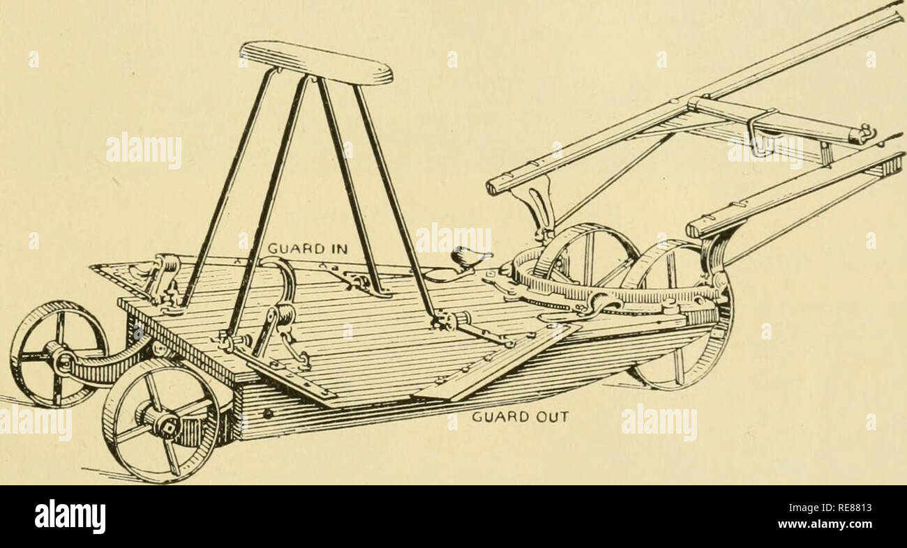 . Livre de maïs pour des jeunes. Le maïs. La récolte La récolte 225 ont été ajoutés et une machine plus confortable. L'amélioration du maïs-traîneau est montré dans Fig. 177. Troisièmement, où le maïs est cultivé en grande partie et la terre est suffisamment de niveau, un maïs-liant et l'ensileuse est utilisé. Cette machine est montré en Fig. 178. Il coupe et lie les tiges dans les faisceaux. Puis les paquets sont recueillies et choqués par la main.. Fig. 'J'ai^. Corn-Sled avec les couteaux en ce qui concerne la préservation de votre maïs, cela fera une différence dans laquelle de ces façons de le couper ? Ne sera pas la façon dont vous le choc, cependant, faire une grande différence ? Banque D'Images