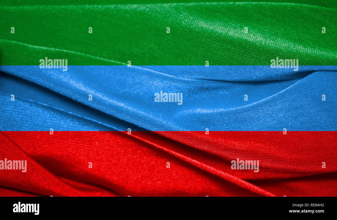 Drapeau du Daghestan réaliste sur la surface d'un tissu. Parfait pour les fins de l'arrière-plan ou de texture. Banque D'Images