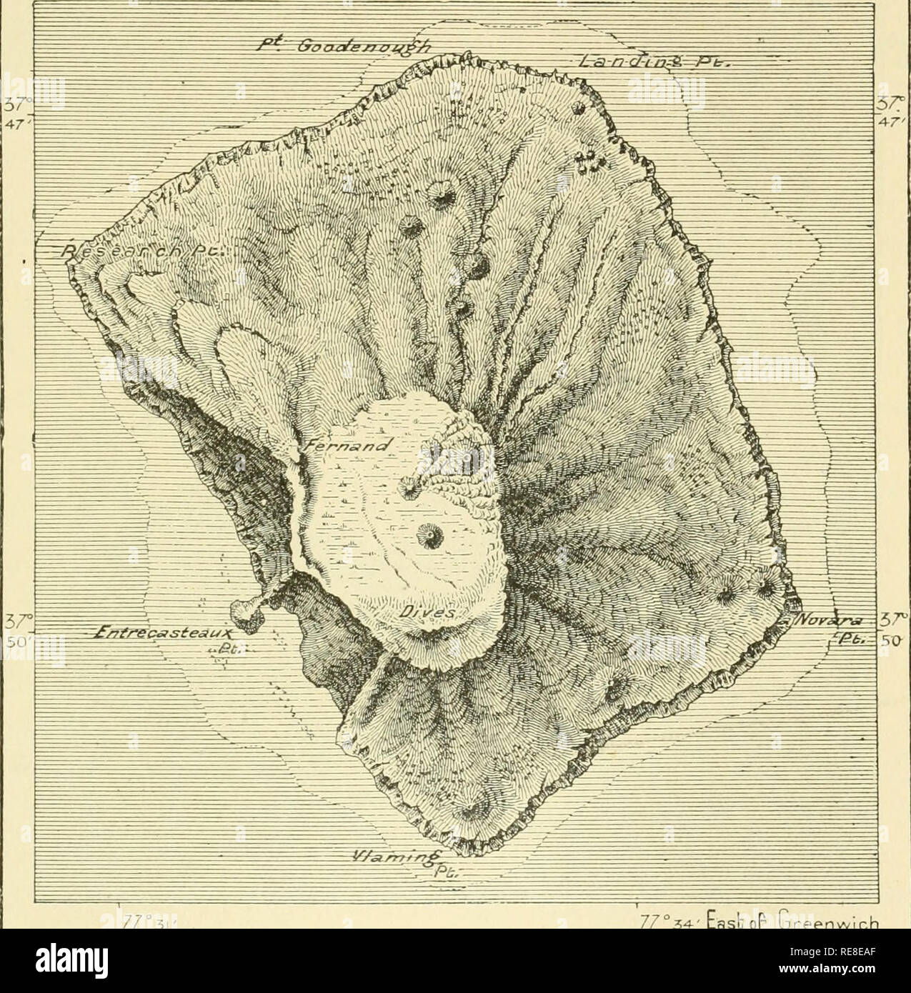 . La terre et ses habitants ... La géographie. AMSTERDAM ET ST. PAUL. 57 Le découvreur du fleuve payée est inconnue, bien que le nom se produit déjà dans un document géographique du seizième siècle. Au début du siècle suivant, les deux îles étaient bien connus de la Dutch navigateurs, et Van Vlaming a été le premier à terre sur eux dans l'année 1696. Depuis ce temps, elles ont été fréquemment visité, trop souvent contre leur gré, par des naufragés, et depuis 1841 les équipes de Saint Paul a été occupé en permanence par une communauté engagée dans la Fig. 20.-Amsterdam. L'échelle 1 : 90 000.. 77°3 77°34-'Orient oP ureenw Banque D'Images