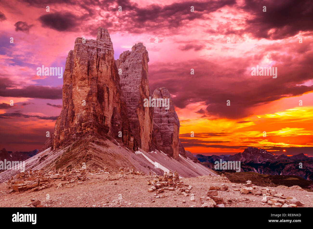Tre Cime di Lavaredo Parc National. Drei Zinnen, Trentin-Haut-Adige, le Tyrol du sud, montagnes des Dolomites, Italie Banque D'Images