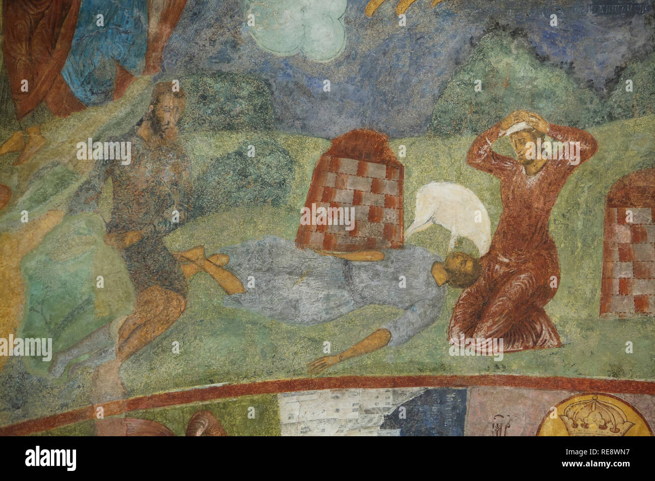 Adam et Eve pleure la mort d'Abel. Fresque de l'icône russe peintres Gury Nikitin et Sila Savin (1680) à la tribune nord (papert) de l'Église du prophète Élie à Iaroslavl, Russie. Banque D'Images