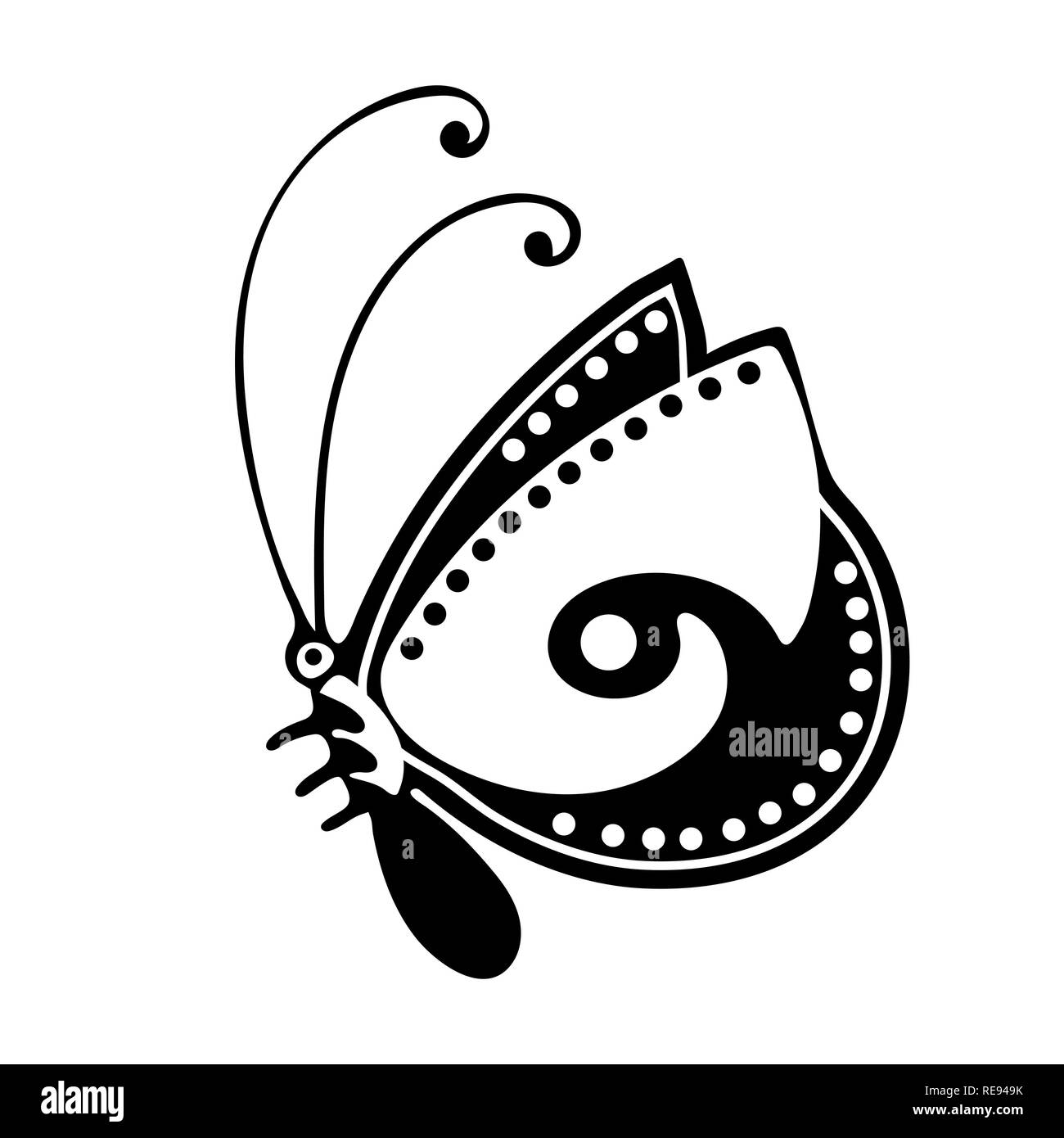 Papillon abstrait, noir et blanc, contour linéaire, ornement, impression textile, coloriage, dessin de tatouage illustration vectorielle. Les insectes à motifs wi Illustration de Vecteur