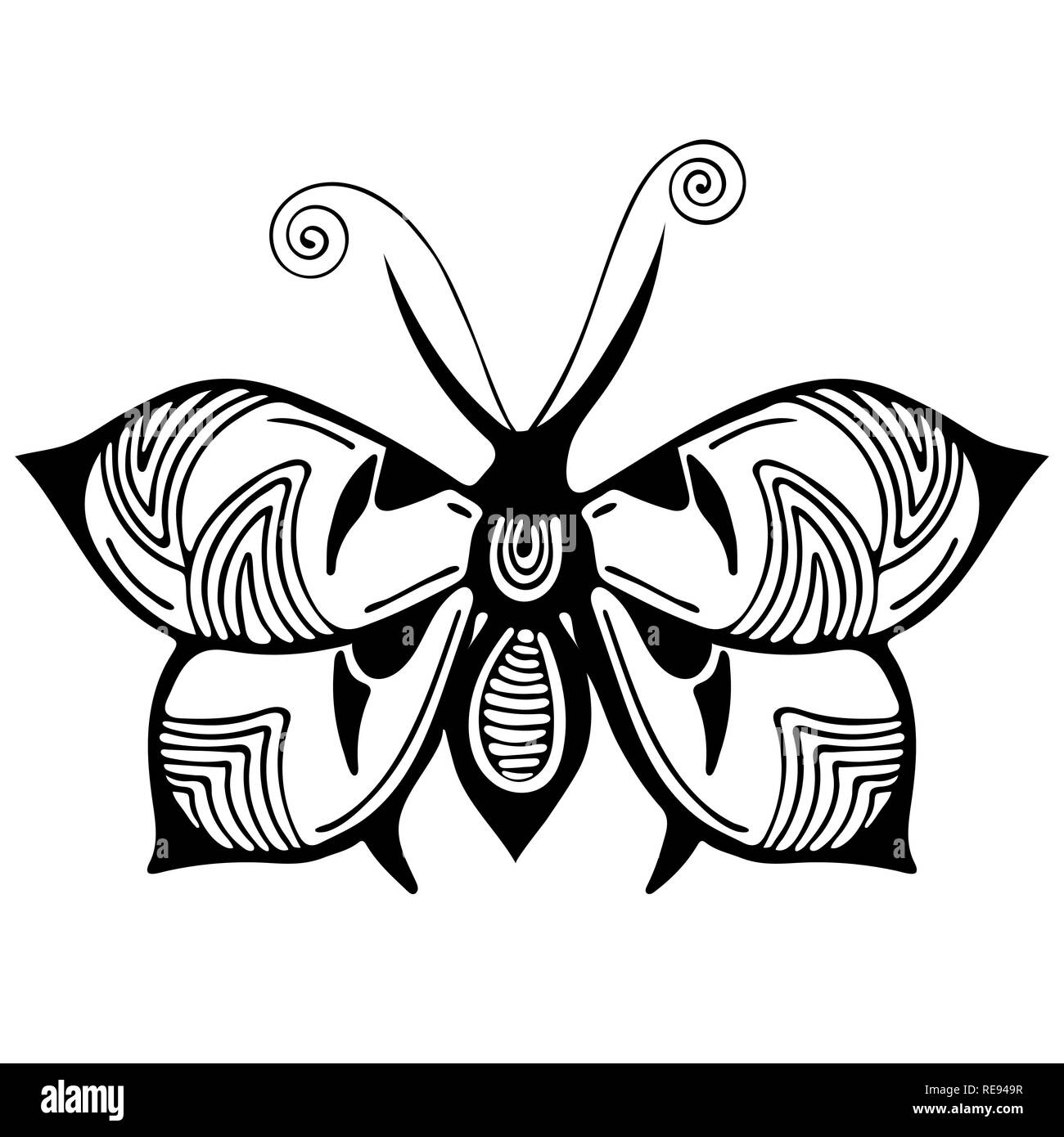 Papillon abstrait, dessin en noir et blanc, contour ornement, textile imprimer, coloriage, dessin de tatouage, vector illustration. Avec l'aile de l'insecte à motifs Illustration de Vecteur