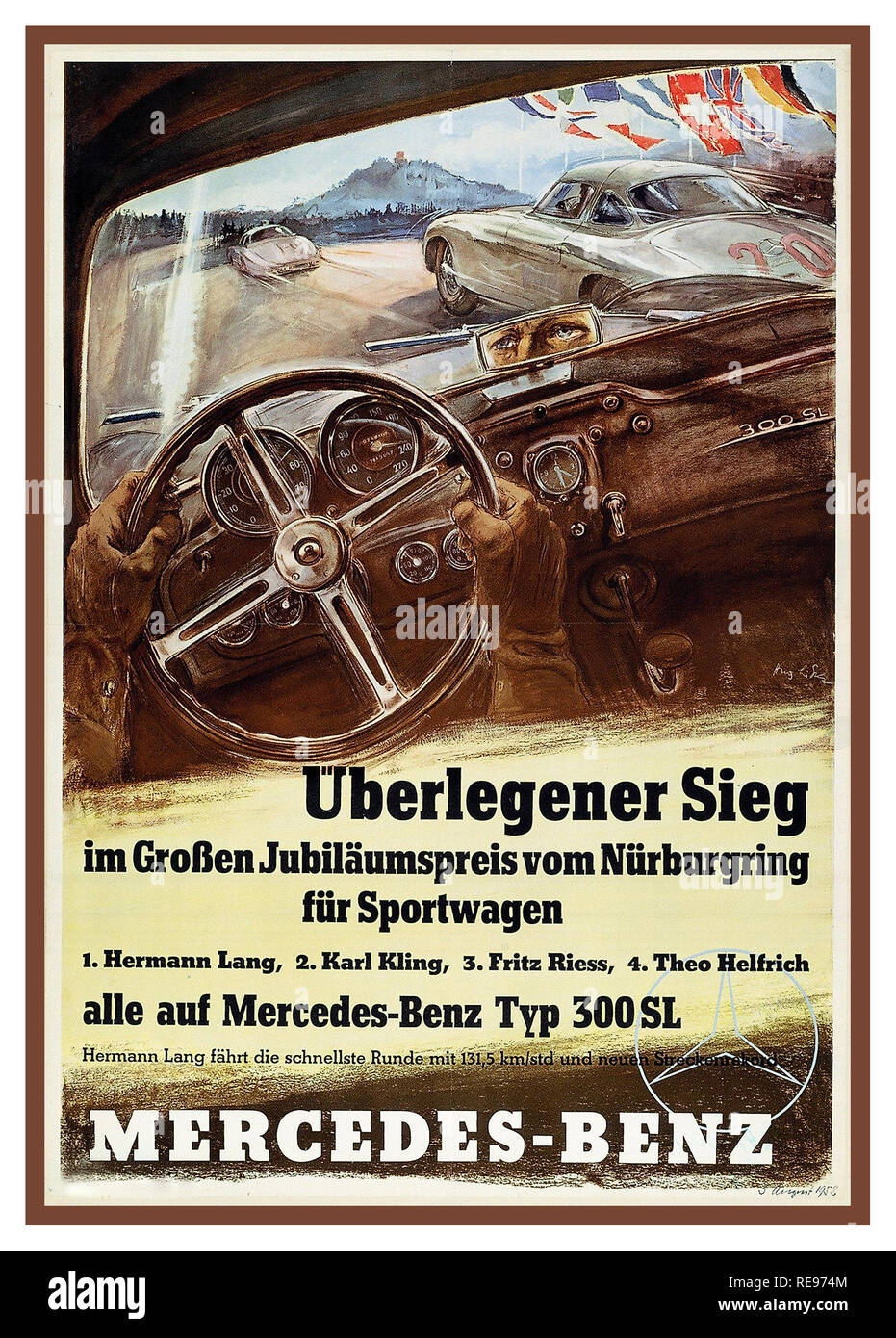Vintage poster 1952 Course MERCEDES-BENZ, 'Überlegener Sieg im großen Jubiläumspreis vom Nürburgring für Sportwagen auf Mercedes-Benz 300SL', MERCEDES-BENZ, une affiche de 1952. Chambre "la victoire dans le grand prix de l'anniversaire du Nürburgring pour voitures sportives Mercedes-Benz 300SL' Gagnant Hermann Lang- /2ème /3ème Karl Kling- Fritz Reiss- /4ème Theo Helfrich....tous les conduire la Mercedes 300 SL Banque D'Images