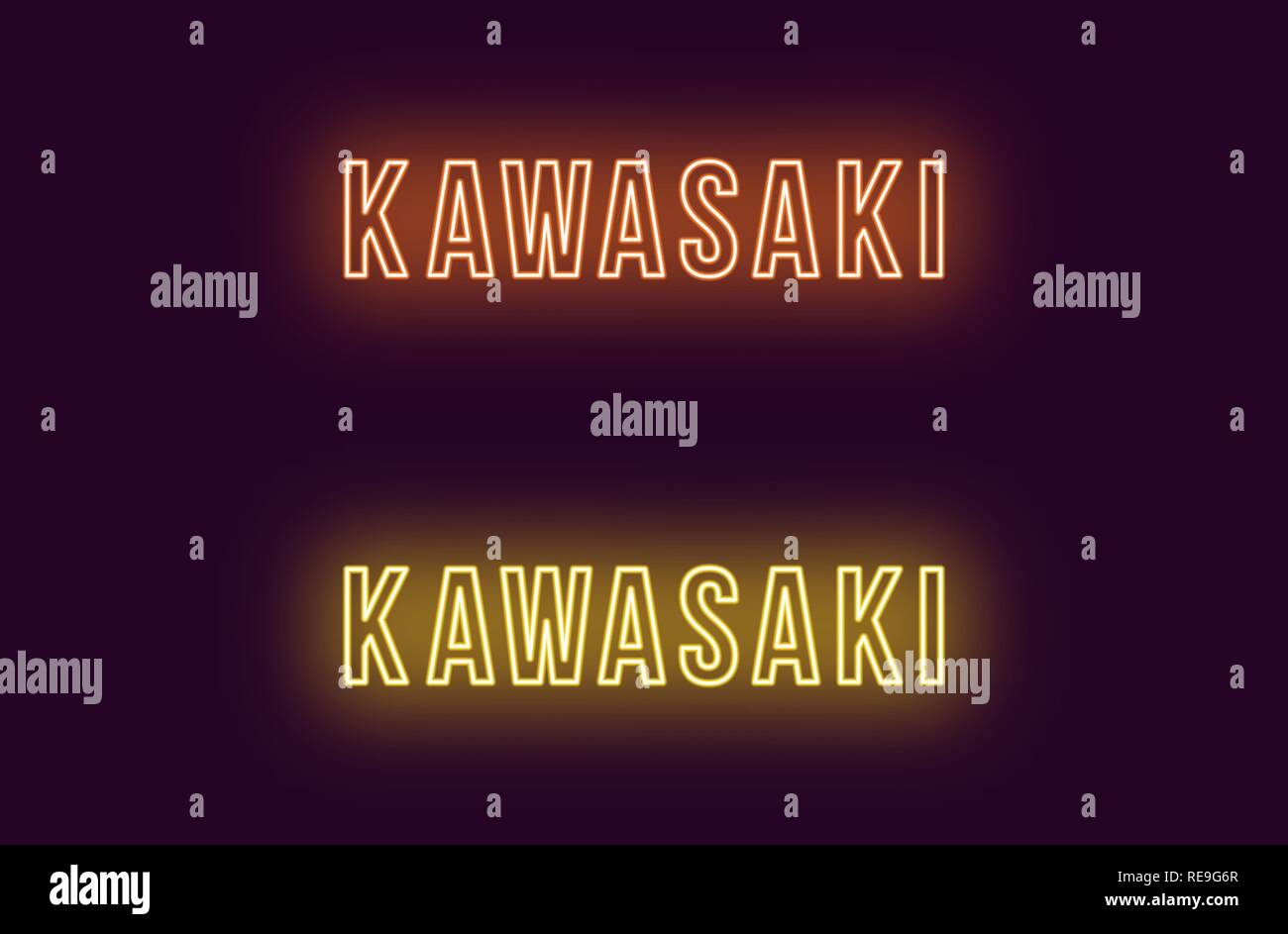 Neon nom de la ville de Kawasaki au Japon. Le texte vectoriel de Kawasaki, inscription au néon avec rétro-éclairage en gras, orange et jaune. Glowin isolés Illustration de Vecteur