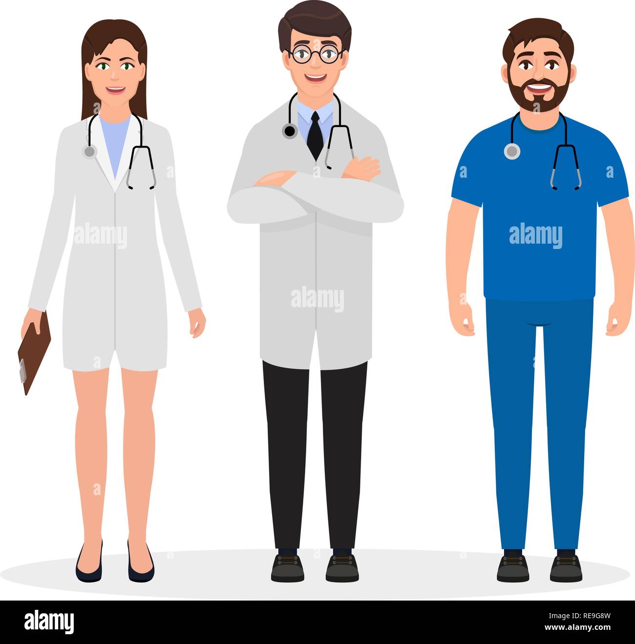 Les médecins habillés en uniformes médicaux, deux hommes et une femme caractères dans télévision style, l'emploi professionnel vector illustration Illustration de Vecteur