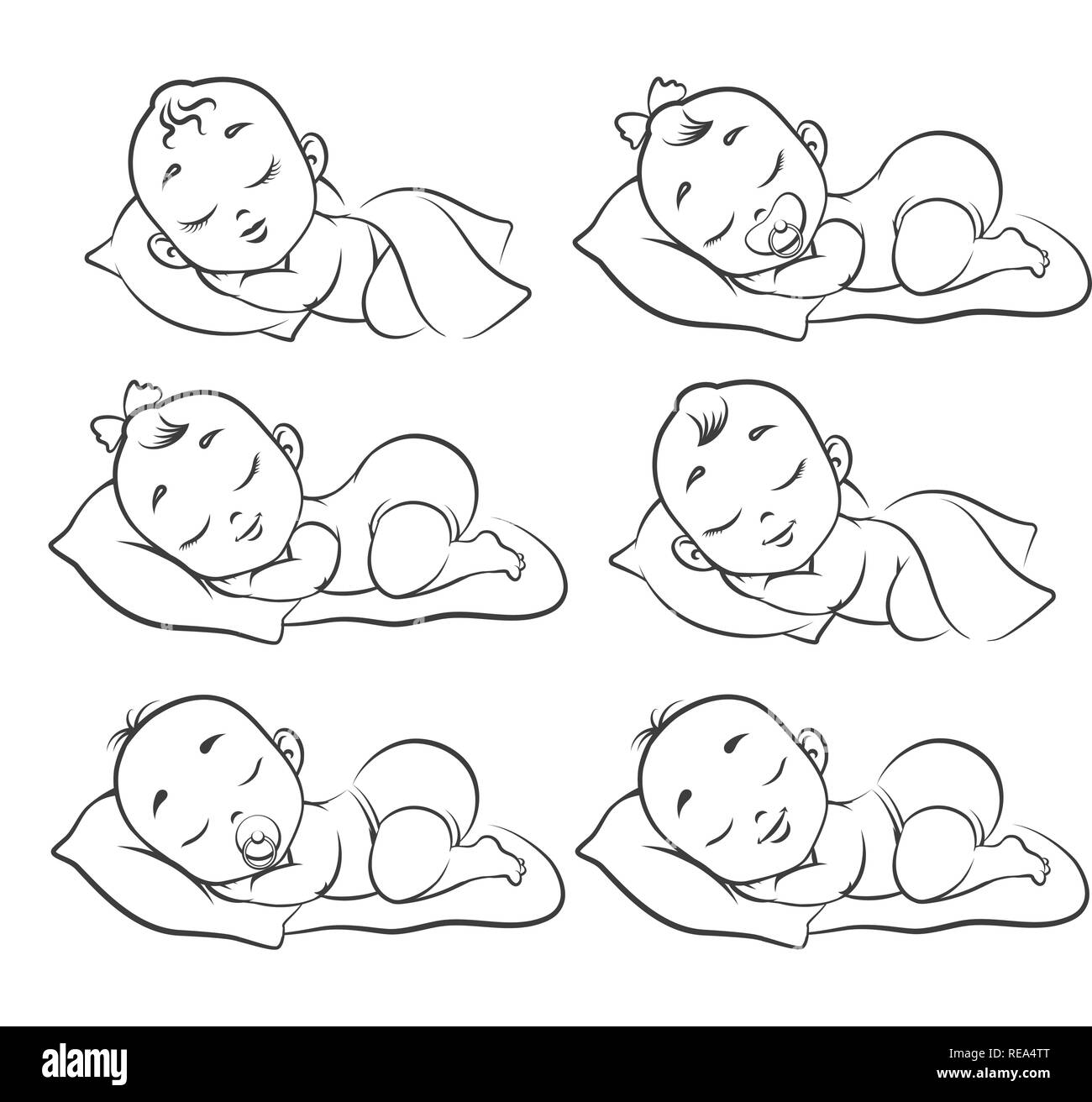 Bébé nouveau-né de croquis. Faites à la main des bébés endormis isolé sur blanc, heureux homme fille et garçon les tout-petits, enfants dessin illustration vectorielle Illustration de Vecteur