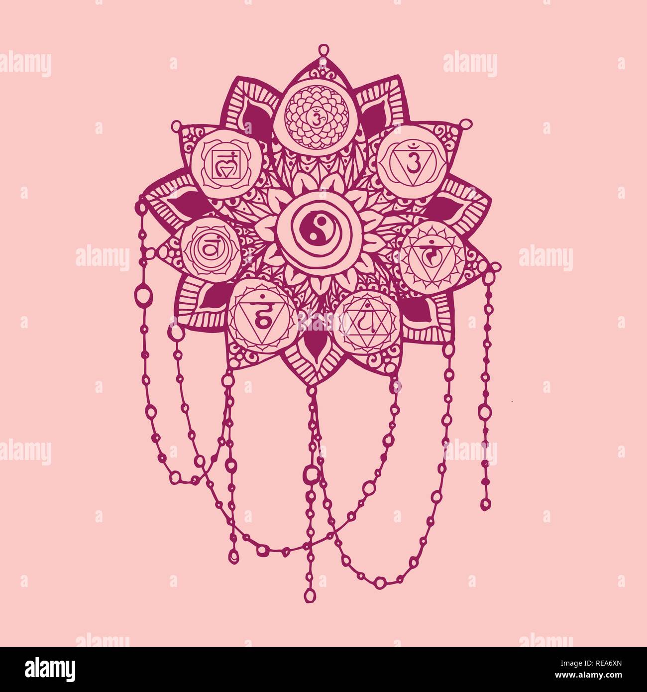Doodle style pink lotus art ligne avec yoga chakras pictogramme et hiéroglyphe. Vector illustration pour la conception d'impression Illustration de Vecteur