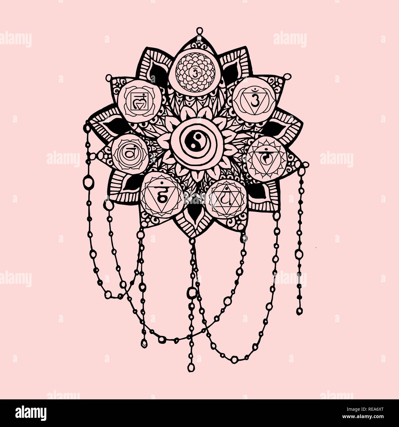 Doodle Style : Noir et rose art ligne lotus avec yoga chakras pictogramme et hiéroglyphe.Vector illustration pour la conception d'impression Illustration de Vecteur