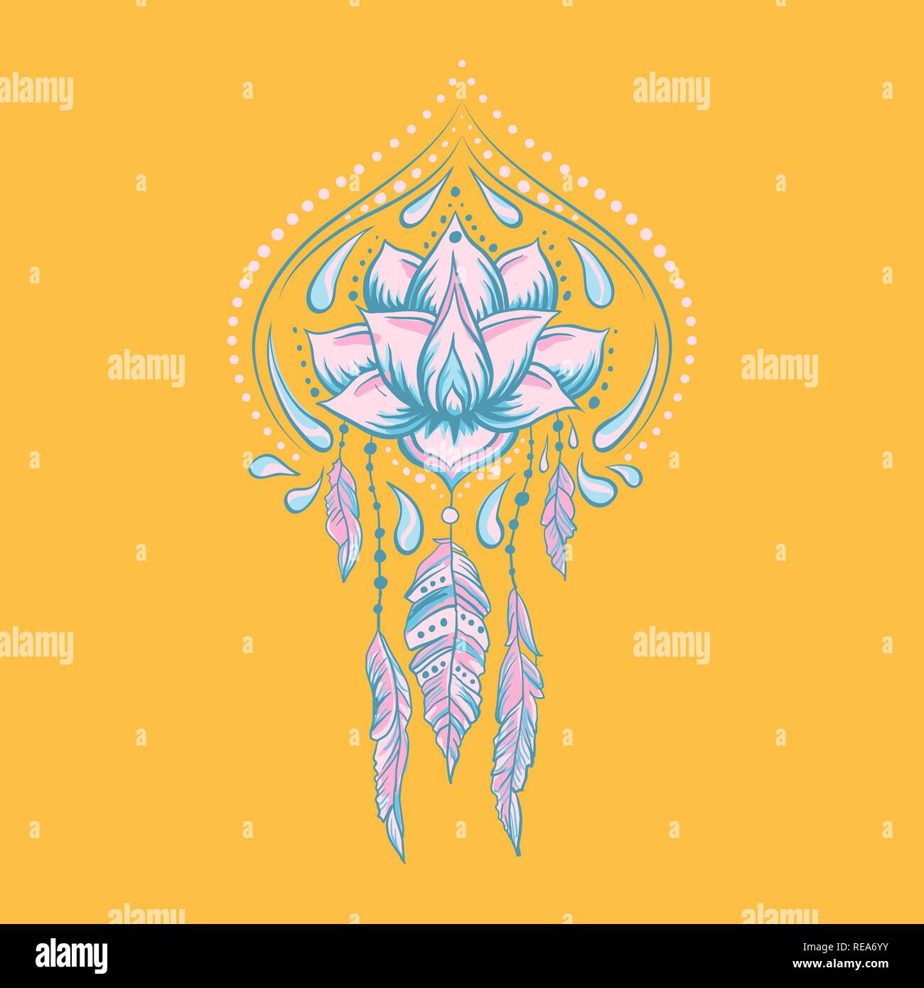 Doodle dessiné à la main style bleu et ornementales lotus rose sur le fond jaune Illustration de Vecteur
